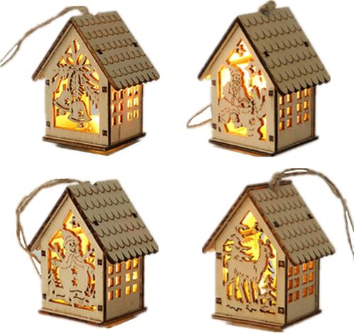 Lumières de Noël Cabane en Rondins 4 Pièces Ornements de Noël Décoration LED Lumières DIY Cabine en Bois Arbre de Noël Fenêtre Ornements de Chambre d'Enfants