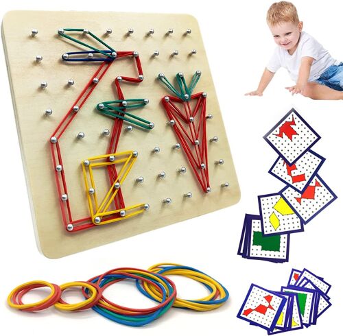 Géoboard en Bois avec Cartes de Motifs D'activité et Rubber Band - 8x8 Épingles Pegboard avec Bande de Caoutchouc Puzzle de Forme