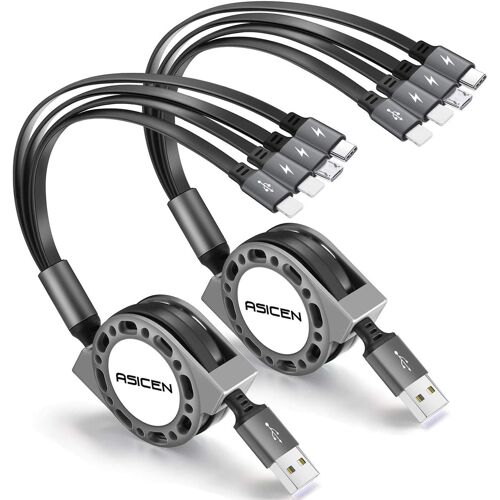 JGD-Lot de 2 câbles de charge USB rétractables 4 A, 4 en 1, 1,5 m, câble de charge multi-USB avec connecteur téléphone/USB-C/micro USB compatible avec téléphones portables Samsung Galaxy, Huawei