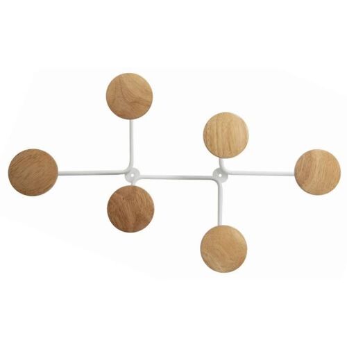 Patère murale Design. 6 patères - Blanc bois/métal