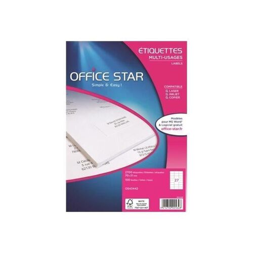 Office Star - Blanc - 70 X 31 Mm 2700 Étiquette(S) (100 Feuille(S) X 27 Étiquettes