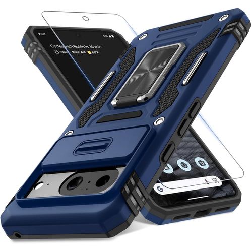 CAUC-Coque pour Google Pixel 8 avec Coque coulissante pour Appareil Photo + Protecteur d'écran (1 Paquet), Anneau Rotatif, béquille de qualité Militaire, résistant aux Chocs, Bleu Marine