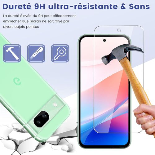 AEFJ-2+2 Pièce Verre trempé pour Google Pixel 8a Vitre Protection Film, Sans Bulle 9H résistante aux rayures protection écran + Caméra Protecteur, 0,33mm HD Haute Sensibilité Protection D'écran Pixel