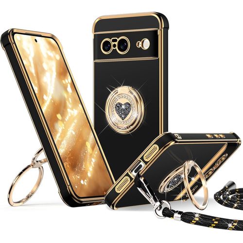 CAUC-Coque pour Google Pixel 8, avec Double Anneau de Support C?ur, avec Lanière pour Filles et Femmes, Coque de Protection Luxe Mignonne et Scintillante pour Pixel 8, Noir