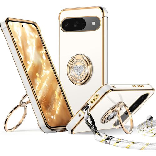 CAUC-Coque pour Google Pixel 9, avec Double Anneau de Support C?ur, avec Lanière pour Filles et Femmes, Coque de Protection Luxe Mignonne et Scintillante pour Pixel 9, Blanc