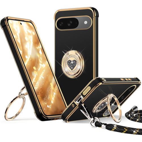 CAUC-Coque pour Google Pixel 9, avec Double Anneau de Support C?ur, avec Lanière pour Filles et Femmes, Coque de Protection Luxe Mignonne et Scintillante pour Pixel 9, Noir