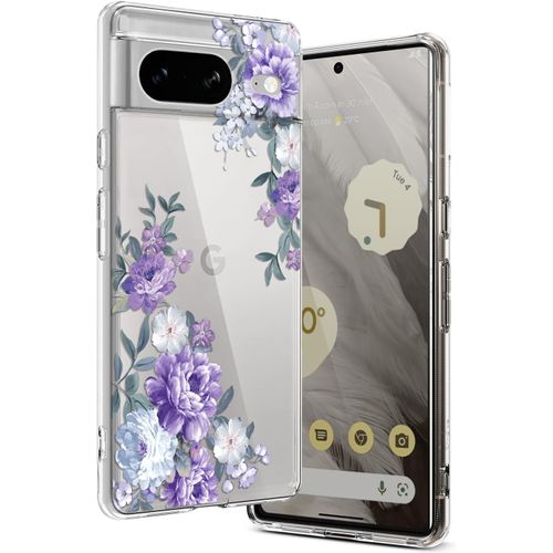 CAUC-Ciciber Coque de protection compatible avec Google Pixel 8, en silicone TPU fin et transparent, avec motif floral, protège contre les chocs, rose violette