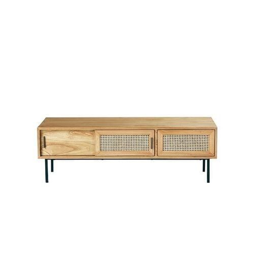 AUBIN Meuble TV en mindi massif et cannage 140 cm