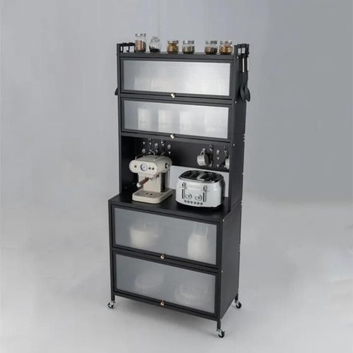 Costway Buffet De Cuisine À Roues À 6 Niveaux, Plan De Travail Pour Micro-Ondes, Portes Battantes, Crochets, Pieds Ajustables, Noir