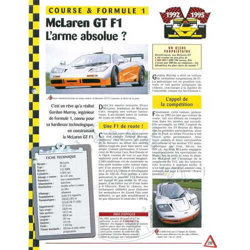 Fiche Auto Technique Mclaren F1 Gt V12 Bmw - Course & Formule 1 - 1992-1995