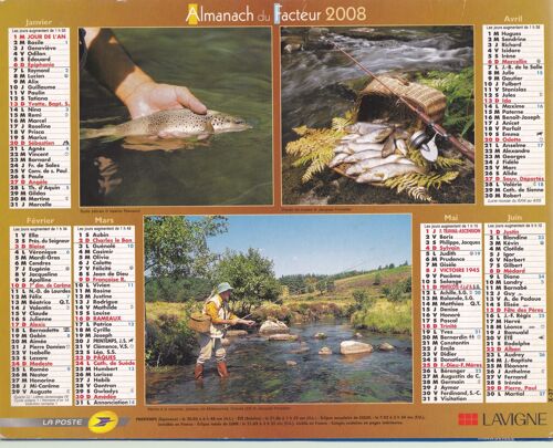 Calendrier Almanach La Poste 2008 / Peche / Chasse / Interieur Complet Dont Sudoku