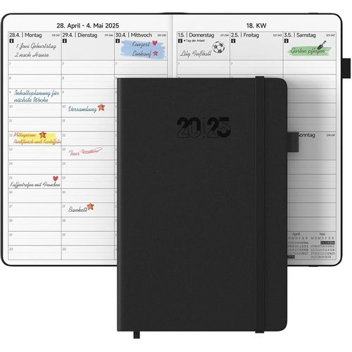 ® Agenda Semainier 2025 - 21 X 14,5 Cm - Agenda Journalier Et Emploi Du Temps - 12 Mois - Couverture Rigide (Janvier À Décembre 2025) - Pour Le Travail, L'apprentissage Et Le Plan Familial -