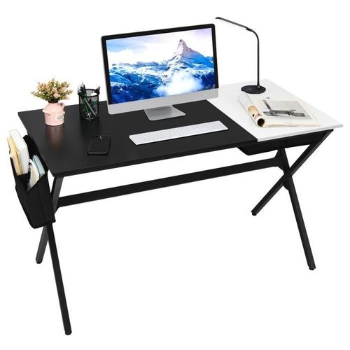 COSTWAY Bureau Gaming de 120 x 60 x 74cm, avec Tiroir Cubique, Sac de Rangement Latéral, Table d'Ordinateur Moderne, Noir+Blanc