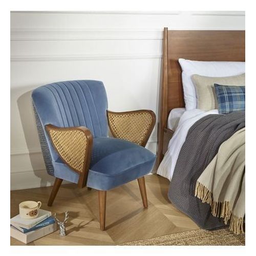 Fauteuil En Hévéa, Cannage, Tissus Tweed Et Velours Seventy