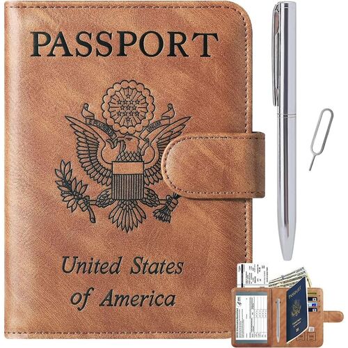 Porte-passeport en cuir - Portefeuille de voyage anti-RFID, marron