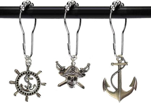 Nautical Shower Curtain Hooks Rings - Pirate Skull Anchor Rudder Decorative