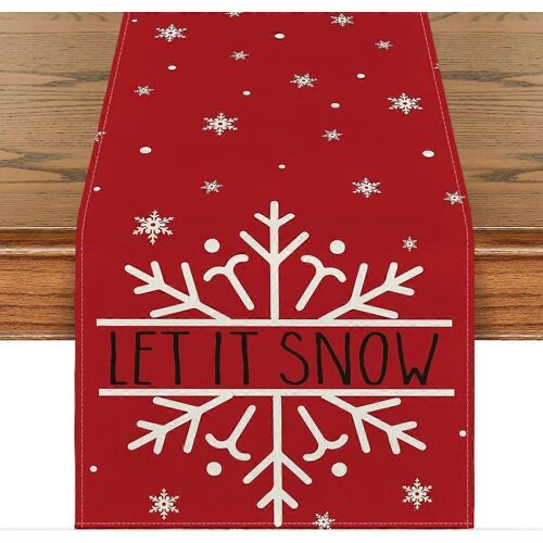 Red Snowflakes Let it Snow Christmas Table Runner, Seasonal Winter Kitchen Dining Table De
