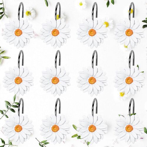 12Pcs Spring Shower Curtain Hooks White Daisy Flower Curtain Rings Floral