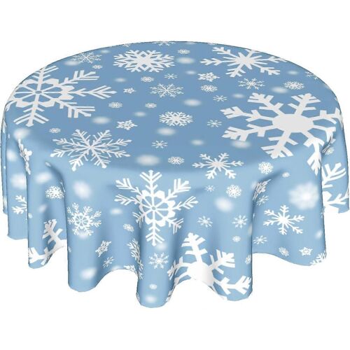 Winter White Snow Tablecloth Round 60 Inch, Christmas Snowflake Blue Polyester