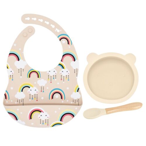 Coffret Repas Bebe - Assiette Ventouse Pour Bébé+ Bavoir Et Cuillère En Silicone - Set Repas Bébé - Assiette Bebe - Vaisselle Bebe Beige
