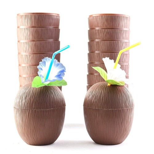Lot De 18 Gobelets En Noix De Coco Pour Fête Hawaïenne Luau Pour Enfants, Avec Pailles À Fleurs D'hibiscus, Tiki Et Fête À Thème De Plage, Boisson Amusante Ou Décoration