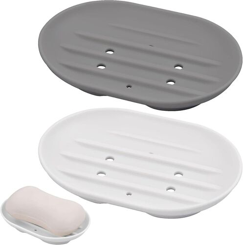 Porte-savon en silicone - Porte-savon antidérapant avec drainage (lot de 2, blanc + gris)