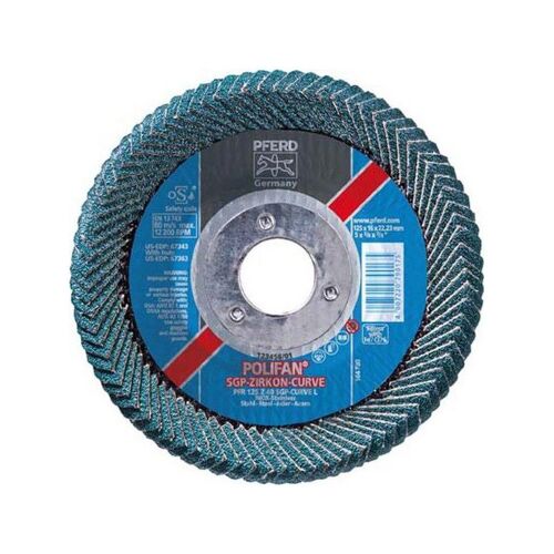 Meule-éventail Ø 125 mm (12200 tr/mn), POLIFAN® SG-ZIRKON-CURVE, radiale, Grain : 40, Larg. : des soudures d'angle - 8 mm