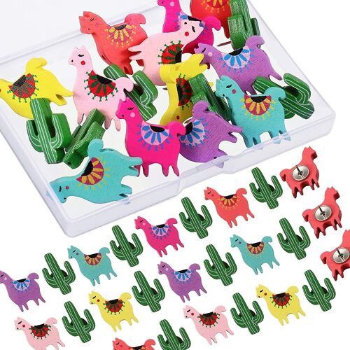 30 Pièces En Bois Thumbtacks Llama Alpaga Cactus Décoratif Push Pins Mignon