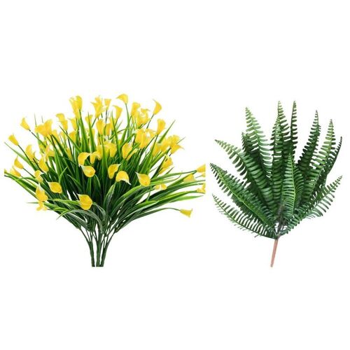 Plante artificielle de perse jaune, 1 ensemble de 7 Branches, 1 ensemble de 4 fleurs artificielles de feuilles vertes
