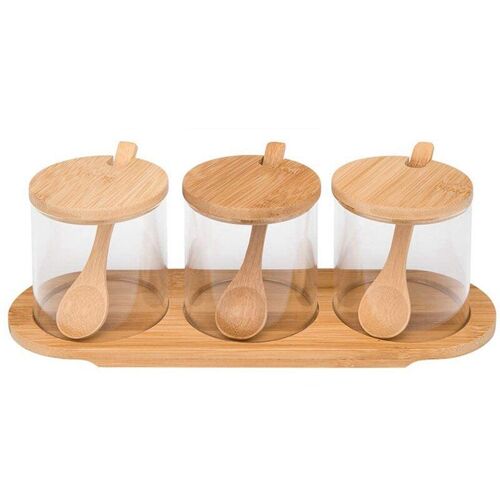Récipients À Condiments Avec Couvercles, Paquet De 3 Récipients D'assaisonnement Avec Cuillères À Sable, Récipients À Épices Avec Plateau En Verre De Bambou