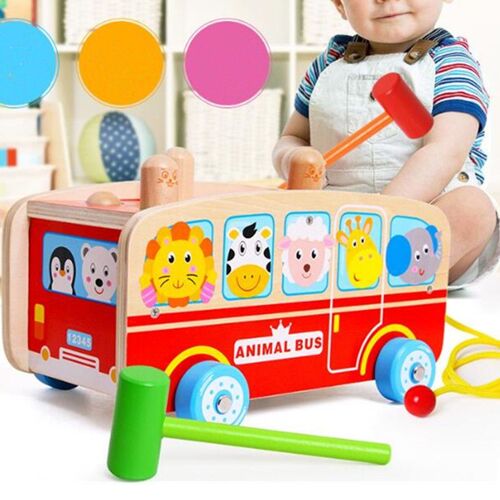 Enfant Bois Jouet Enfant Jeux Construction Bois 18 Mois avoir Forme Géométrique 8 ton Et Marteau en Bois - Bus