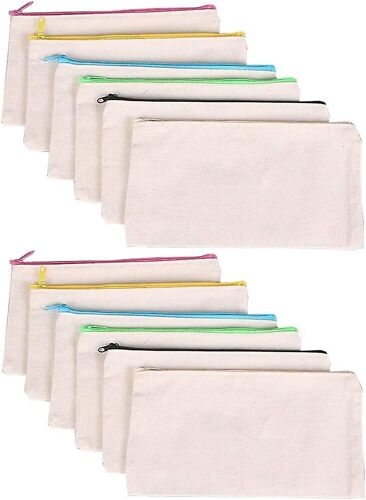 12 Pièces Canvas Zipper Pouch Bags, Almi Diy Canvas Cosmetic Bag, Almi White Canvas Pencil Gift