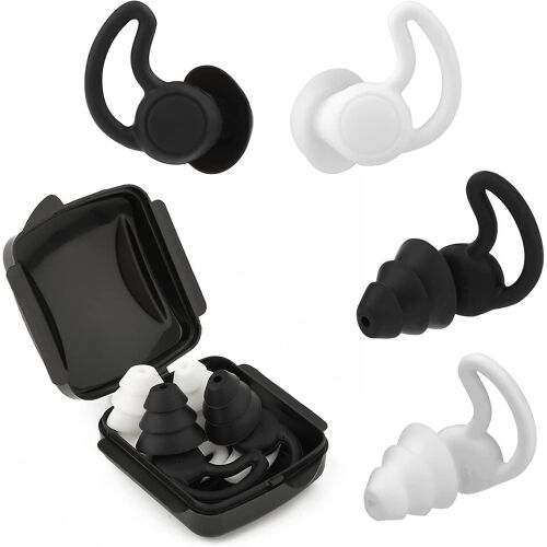 Bouchons d'oreille en silicone, 2paires de bouchons d'oreilles antibruit de sommeil Soft Reusable Waterproof Bavoe Earplugs (noir, blanc)