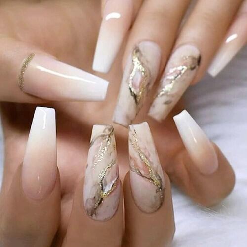 Nude Press On Nails Coffin Long Fake Nails Acrylic Dégradé Faux Nails Marbre Full Cover Stick On Nails Pour Femmes Et Filles (24 Pcs) 