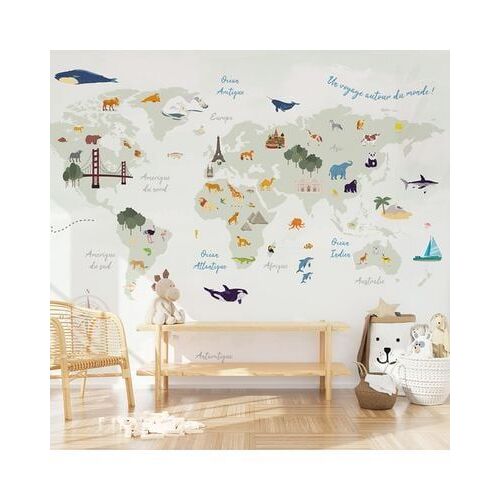 99Deco - Papier Peint Panoramique L336xH270cm Vert Planisphére - Vert