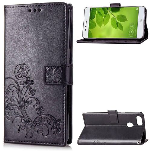 Huawei P Smart Coque, SATURCASE Lucky Clover PU Cuir Magnétique Flip Portefeuille Support Porte-carte Protecteur Cover Case avec Dragonne Coque Housse Étui Pour Huawei P Smart (Noir)