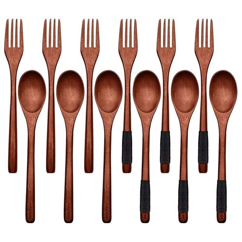 Ensemble De Couverts En Bois, 12 Pièces De 9 Pouces, Cuillères Et Fourchettes En Bois, Service De Table Réutilisable