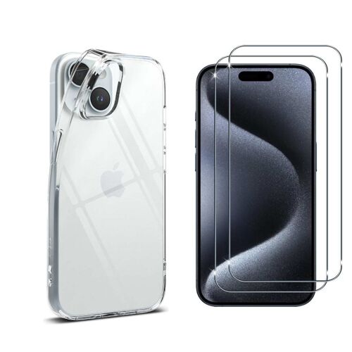 Coque silicone souple transparente et 2 verres trempés 2.5D pour iPhone 15 - Toproduits®