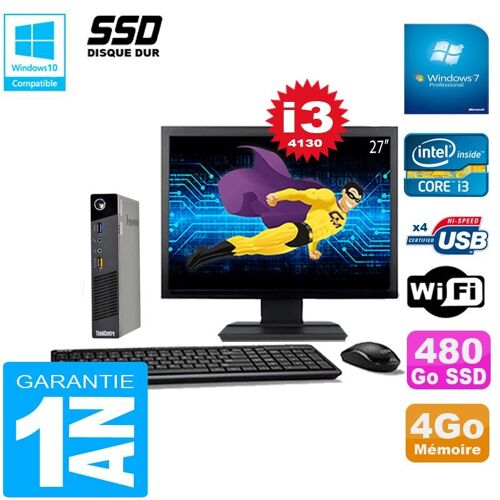 Ultra Mini PC Lenovo M73 USFF Tiny Core I3-4130 4Go 480Go SSD Wifi W7 Ecran 27"