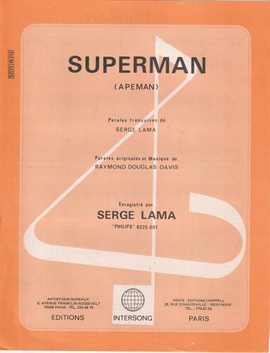 Rare Partition Serge Lama Superman ( Apeman ) Raymond Douglas Davis