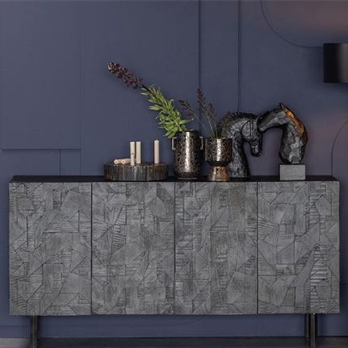 Buffet 4 Portes 160x40x83 Cm En Bois De Manguier Et Métal Noir