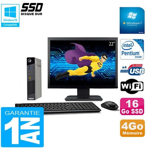 Ultra Mini PC Lenovo M73 USFF Tiny G3250T 4Go Disque 16Go SSD Wifi W7 Ecran 22"