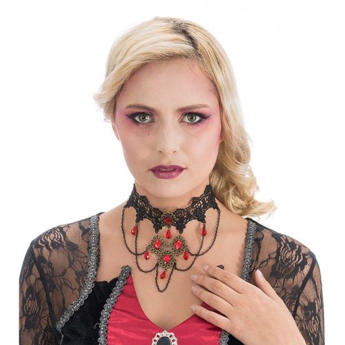 Ras-De-Cou Dentelle Perles Gothique Rouge Adulte
