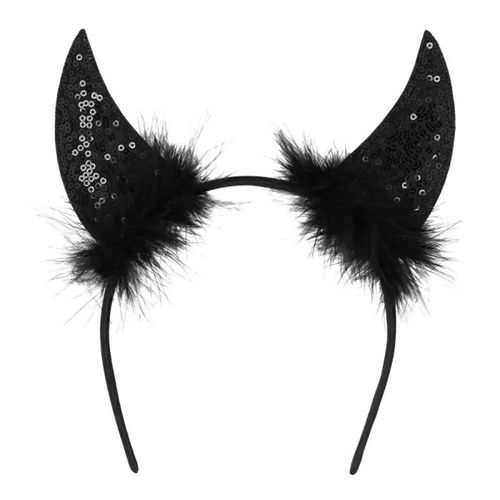 Serre-Tête Cornes Diable Sequin Plume Noir Adulte
