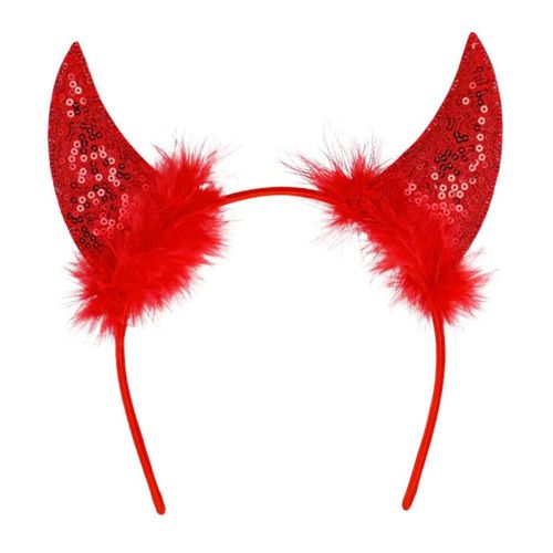 Serre-Tête Cornes Diable Sequin Plume Rouge Adulte