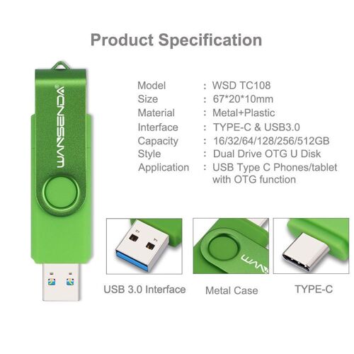 couleur bleu marine taille 256 ALLER clé USB de TYPE C 2 en 1, support à mémoire lecteur Flash haute vitesse