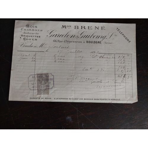 Document Ancien : Facture Etablissements Mon Brene Garcelons Et Guibourg / Bois Charbons Anthracite Briquettes Coques / 1893 Avec Timbre Fiscal