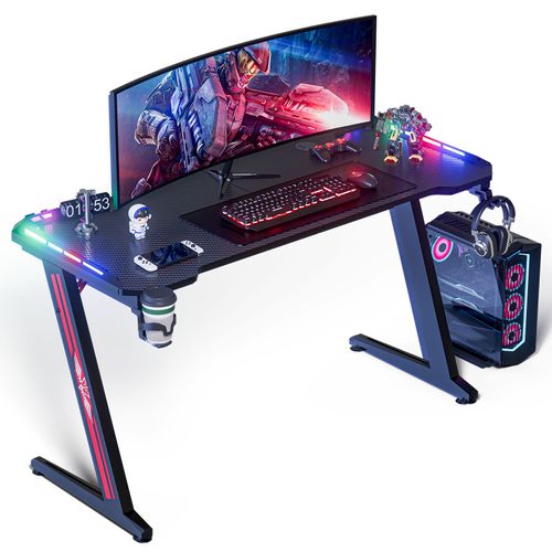 Wevalley Bureau Gaming Led, 140 X 60cm Grande Bureau Gamer Avec Un Plateau En Fibre De Carbone, Bureau Informatique Ergonomique Avec Tapis De Souris, Porte-Gobelet Et Crochet Pour Casque, Noir