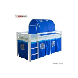 Lit Simple Blanc 90x200 En Hauteur Avec Echelle Rideau Et Tunnel Bleu