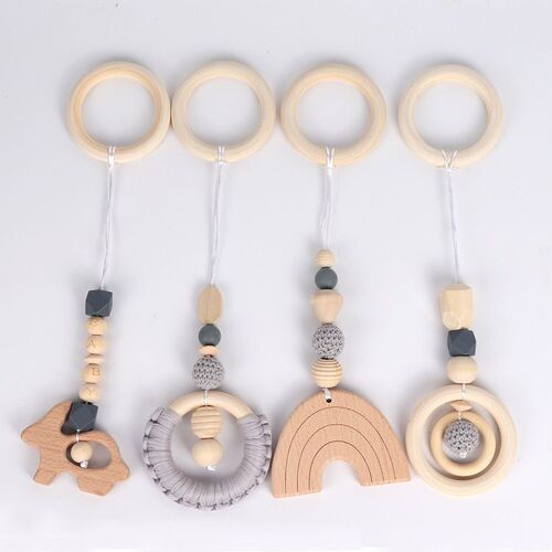 4pcs Hochets En Bois À Suspendre Pour Bébé,Pendentifs En Forme D'arc De Jeu Pour Bébé,Jouet Suspendu Pour Nouveau-Né Cadeau(Gris)